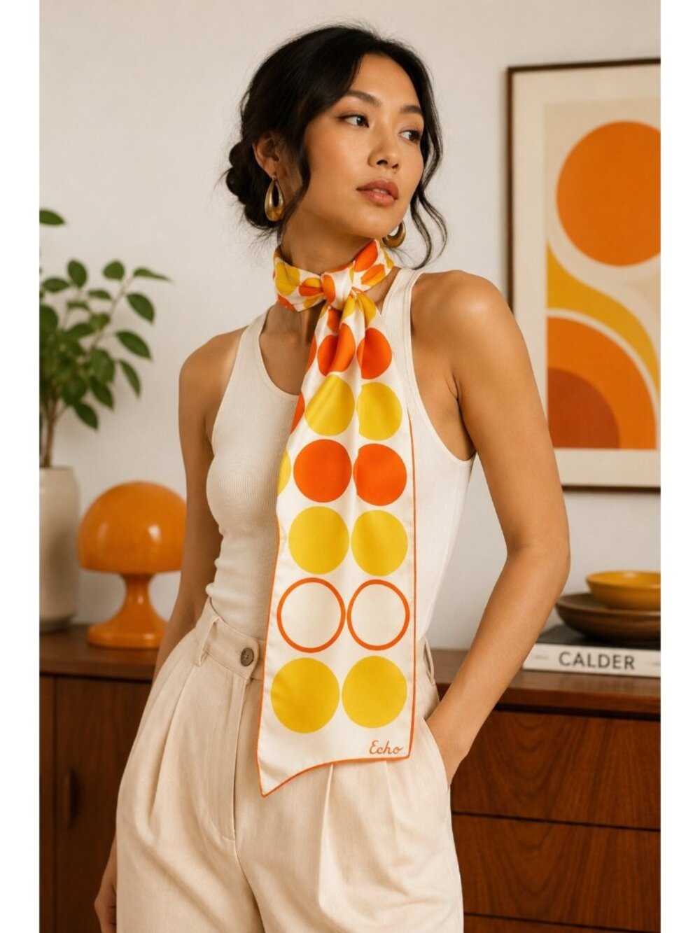 Vintage Echo Oblong Scarf Yellow Orange Mod Polka Dot Geometric Retro 15” x 65”